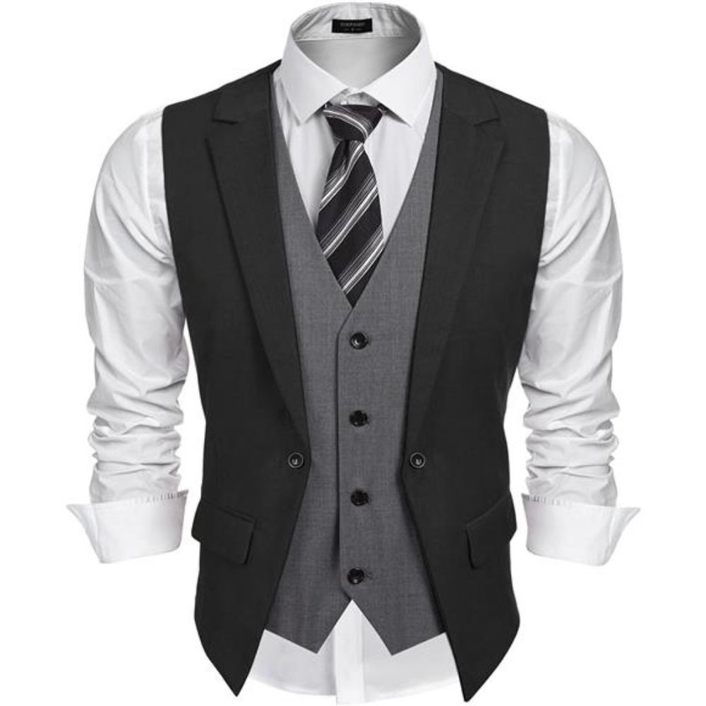 Men's Formal Vest Layered Waistcoat Dress Suit Vests, Black